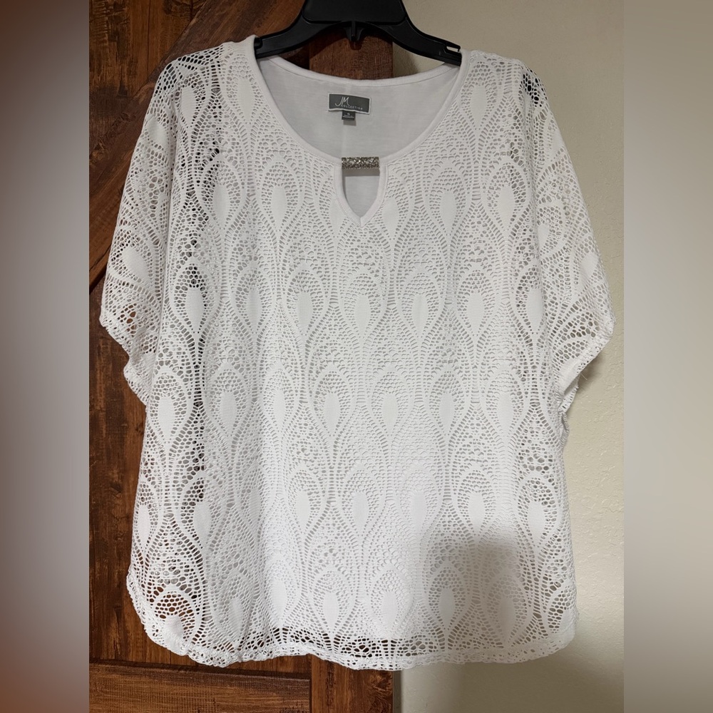 JM Collection Women White Crochet Keyhole Tunic Top Size Small